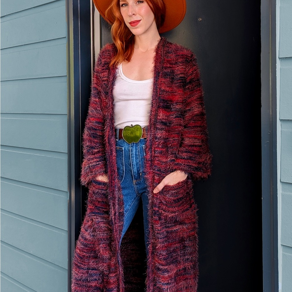 BAND OF THE FREE Sunset Boulevard Eyelash Sweater Fluffy Red & Purple Duster